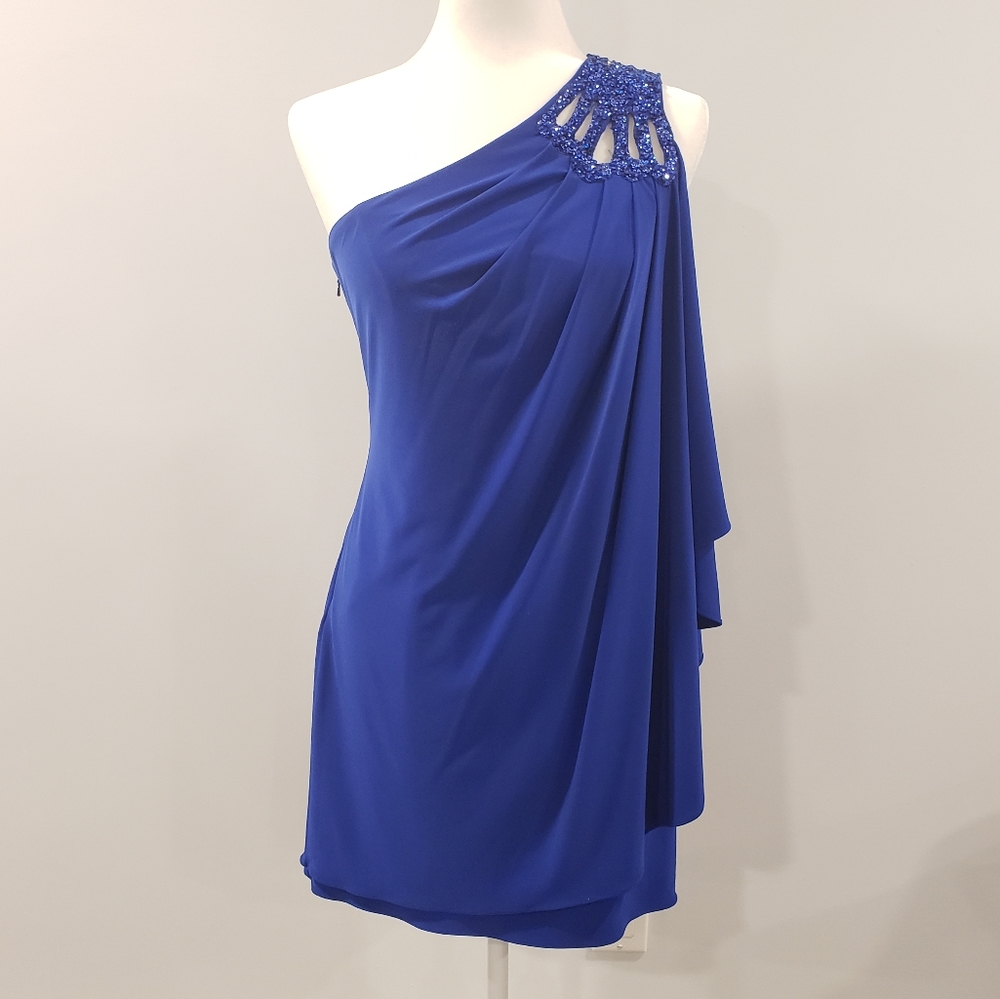JS Boutique one shoulder cocktail dress blue size 4